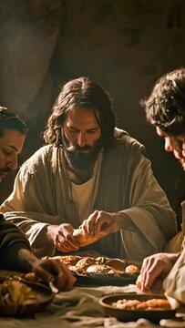 Jesus breaking bread and offering it to his disciples, symbolizing his body from Matthew 26:26. 4k video in smart phone 9:16 aspect ratio for prayer card.