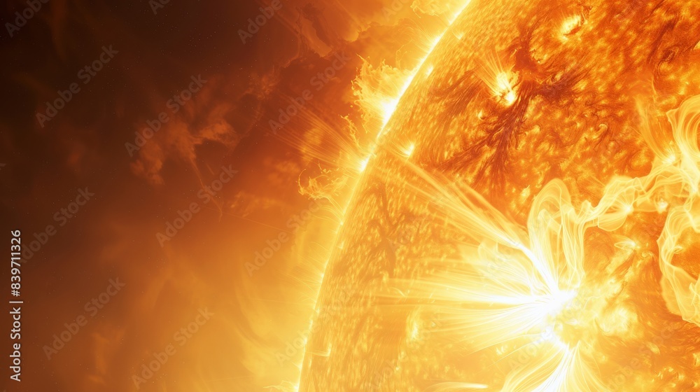 Poster dynamic solar flare with intense magnetic storms and plasma activity on the sun. illustrating the su