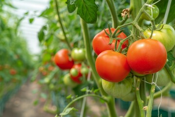 Closeup view of ripe red and green tomatoes grown in a polycarbonate greenhouse with one tomato hanging on the vine Horticulture