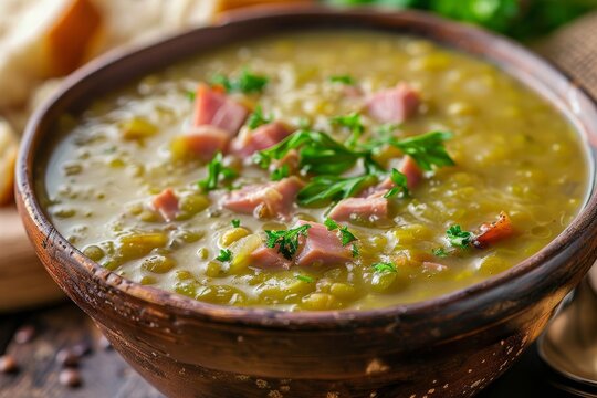 Closeup of split pea soup with ham chunks