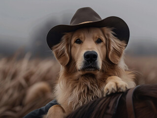 Golden Labrador Retriever in a cowboy hat resting in nature. Artificial intelligence. 