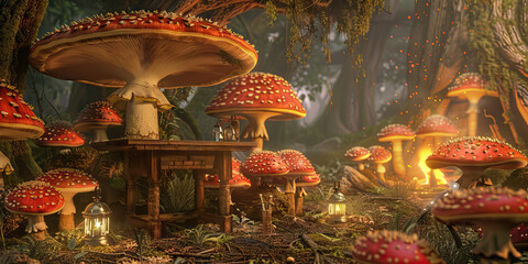 Fototapeta premium Mushroom Forest Hideaway: A rustic desk tucked away among a dense forest of mushrooms, with flickering lanterns and a warm campfire.