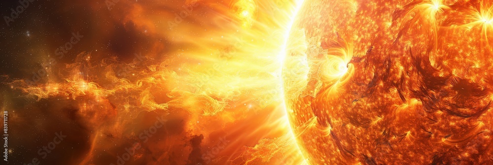 Poster intense magnetic storm on the sun with vibrant solar flares. highlighting the sun's dynamic activity