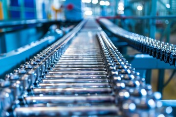 Obraz premium Conveyor chain with gear and chain drive with conveyor belt in production line