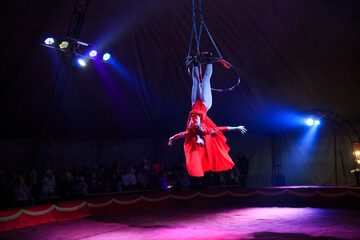 Professional aerial hoop woman gymnast circus performance at red arena with dark background backlit with colored concert lights, hanging on her legs upside down © Michael Rekochinsky