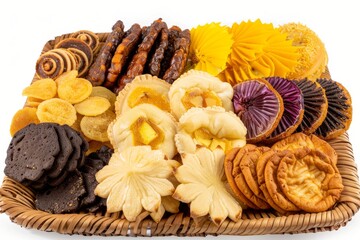 Fototapeta premium Assorted cookies and biscuits in a wicker basket, showcasing a delightful and sweet snack selection