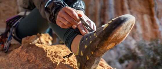 Girl is wearing climbing shoes, closeup view.