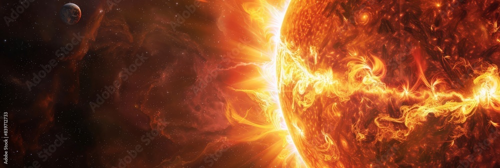 Poster solar eruption with intense flares and magnetic storms, illustrating the sun's dynamic activity. dep