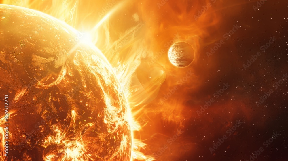 Poster fiery solar flare from the sun's surface with multiple magnetic storms, showcasing intense solar act