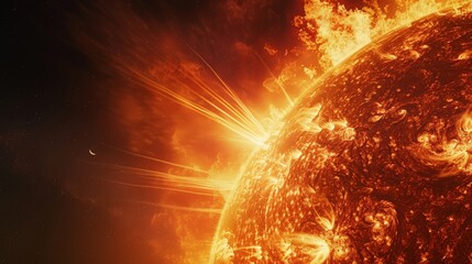 Explosive solar flare eruption on the sun's surface captured in vivid detail. High-energy solar activity and magnetic storm visualization, impacting space weather