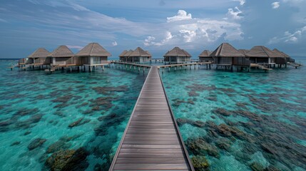 Fototapeta premium A scenic view of luxurious overwater villas connected by a wooden jetty over a clear turquoise sea Perfect for a tranquil getaway