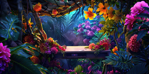 Neon Jungle Creative Den: A desk hidden among the branches of a banyan tree, surrounded by vibrant flowers and colorful foliage.