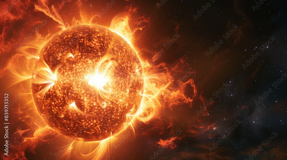 Poster dynamic solar flare with powerful bursts of energy from the sun. representation of solar storms and 