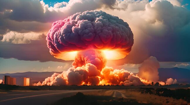 nuclear bomb in the field create mushroom cloud shape. end of world illustration. Nuclear war threat concept footage