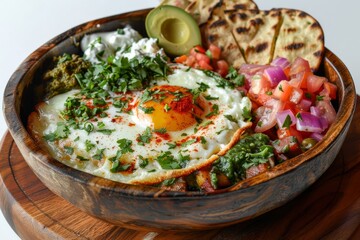 Savory bowl of shakshuka with poached eggs, vibrant tomato sauce, herbs, and spices, creating a Middle Eastern culinary delight