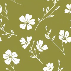 Simple line drawing of white wildflowers on an olive green background