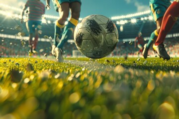 Football action scene with soccer players competing at the stadium