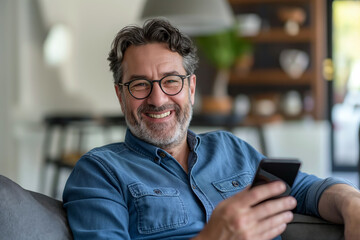 Portrait of smiling happy mature middle aged man holding cell mobile phone using smartphone sitting at home on couch, scrolling social media, checking financial apps, buying online, looking at camera.