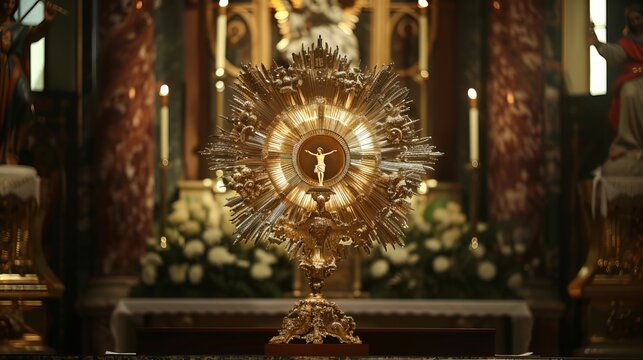 An ostensory, vital for worship during Catholic church ceremonies, particularly for the adoration of the Blessed Sacrament