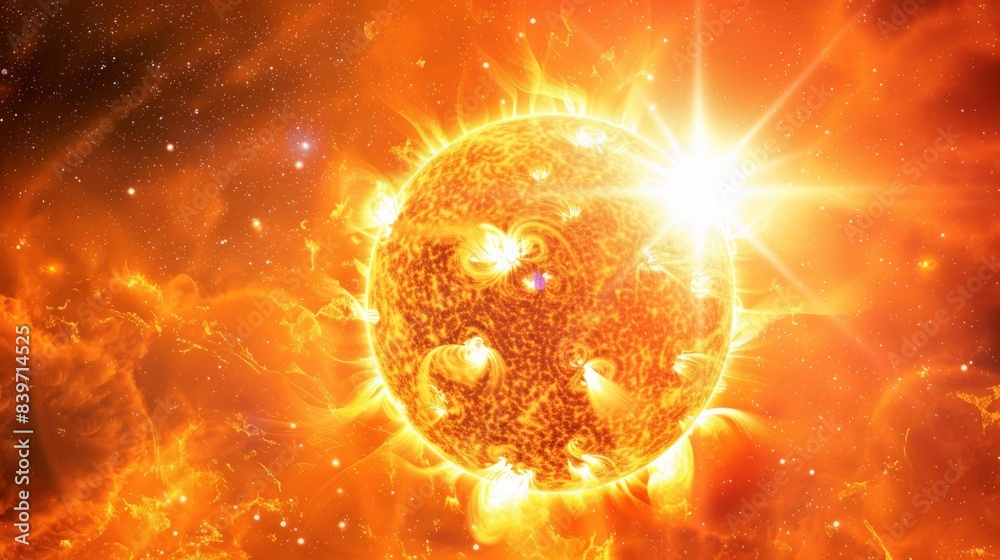 Poster intense solar flare with energy and light emanating from the sun. depicting the powerful effects of 