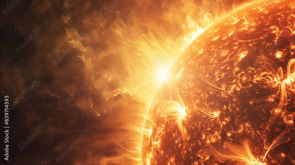 Poster dramatic solar flare eruption with fiery energy bursts from the sun's surface. visualizing the inten