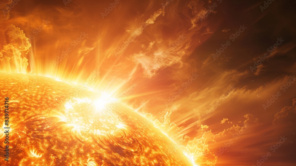 Poster dynamic solar flare with powerful bursts of energy from the sun. representation of solar storms and 