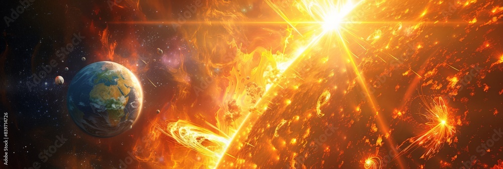 Poster stunning image of a solar flare bursting from the sun, surrounded by cosmic clouds. illustrating hig