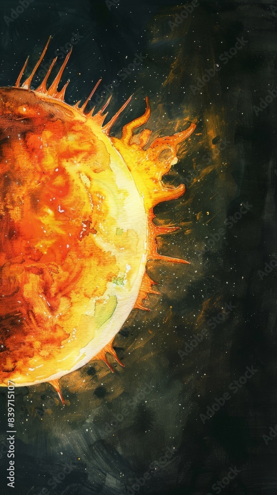 Poster explosive solar flare erupting from the sun's surface against a dark starry background. powerful dep