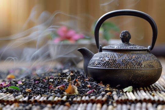 Dried tea leaves and teapot