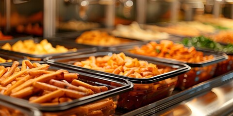 Hotel breakfast buffet offers delicious potato sticks in warm containers. Concept Buffet, Hotel, Breakfast, Potato sticks, Warm containers