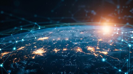 Global network connection covering the Earth with lines representing innovative perception. Depicting the concept of 5G wireless digital connection and the future of the Internet of Things. 