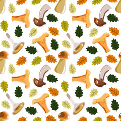 Seamless botanical pattern with forest mushrooms and oak leaves. Vector illustration 