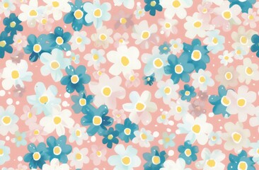Fototapeta premium Muted pastel pink and blue pattern with small white flowers, yellow accents