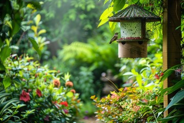 Feeder for Birds in Rich Garden