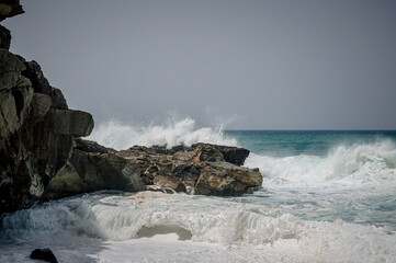 Waves crashing over rocks at Ajuy, Fuerteventura, Spain