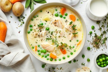 Fish chowder with cod and veggies in white bowl on white table top view