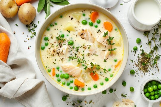 Fish chowder with cod and veggies in white bowl on white table top view