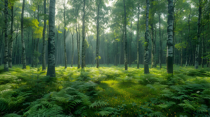 Fototapeta premium A tranquil nature woodland with tall trees and dappled sunlight filtering through the leaves, the forest floor covered in ferns and wildflowers