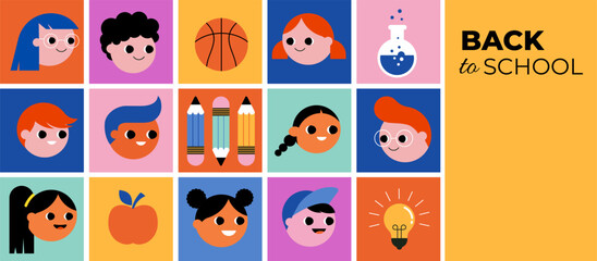 Back to school concept illustration, banner, background. Geometrical style design