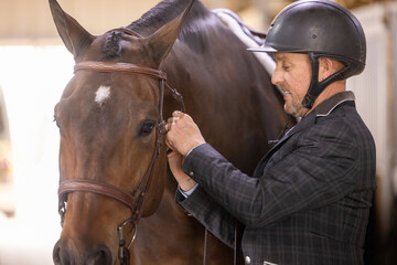 Equestrian english rider putting bridle on horse