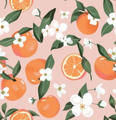 Peach and orange floral pattern with oranges, white flowers, and green leaves on a pink background