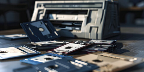 Obraz premium The Alien Archive: A library of floppy disks, scattered on a desk in front of an ancient 5.25