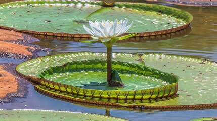   A lush green foliage cradles a vibrant white blossom atop the tranquil waters' center