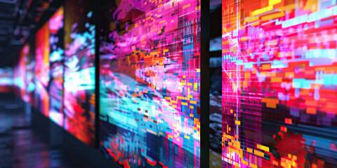 Obraz premium The Glitched Gallery: A digital art exhibition, featuring abstract images of data corruption and code errors on large monitors.