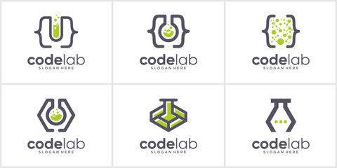 Set of code lab logo design template. Science laboratory glass and programer logo icon vector.