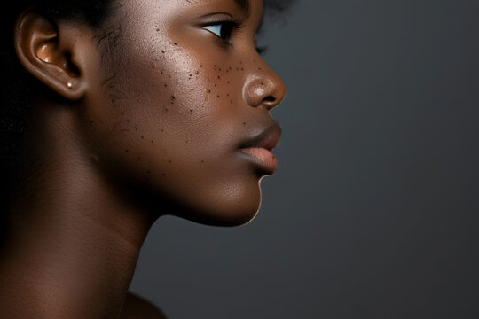 Closeup Side View Of Black Young Woman With Real Skin Texture And Acne Scars On Face And Neck, Copy Space