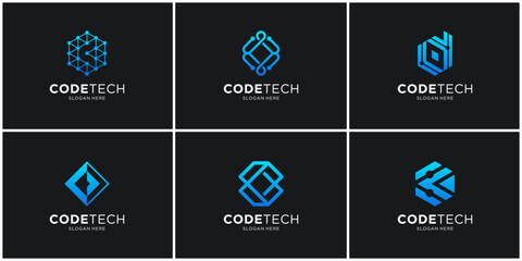 Simple code logo design template. Modern technology logo vector illustration.