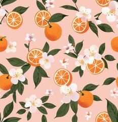 Peach-colored background with oranges and white flowers, repeating pattern