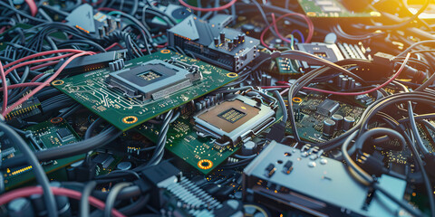 The Hijacked Hardware: A pile of discarded motherboards and CPUs, surrounded by loose cables and disc drives.