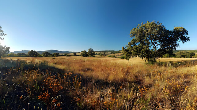 A vast nature scrubland with low-lying shrubs and a clear blue sky, the sunlight creating dramatic shadows